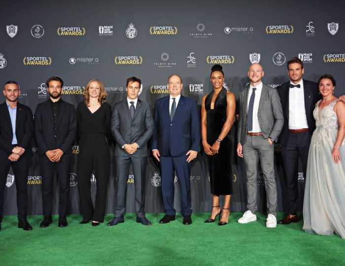 H.S.H.  Prince Albert II of Monaco with Steven Da Costa, Romain Cannone, Astrid Guyart, Louis Ducruet, Allison Pineau, Mathieu Andriodas, Hugo Boucheron and Charlotte Lembach